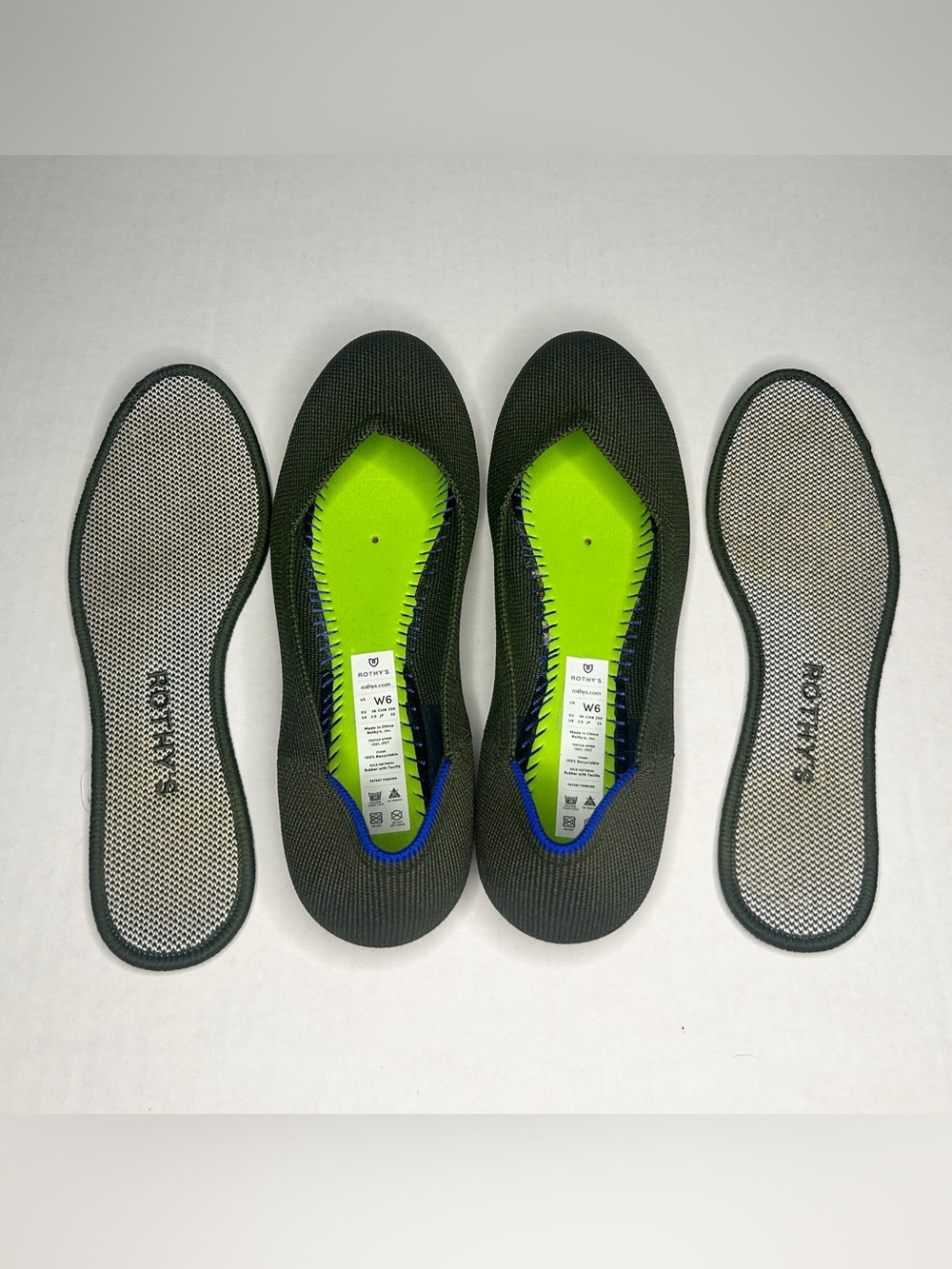 Rothy's Olive/Army Green the Daily Ballet Flat with Blue Trim - Picture 8 of 9